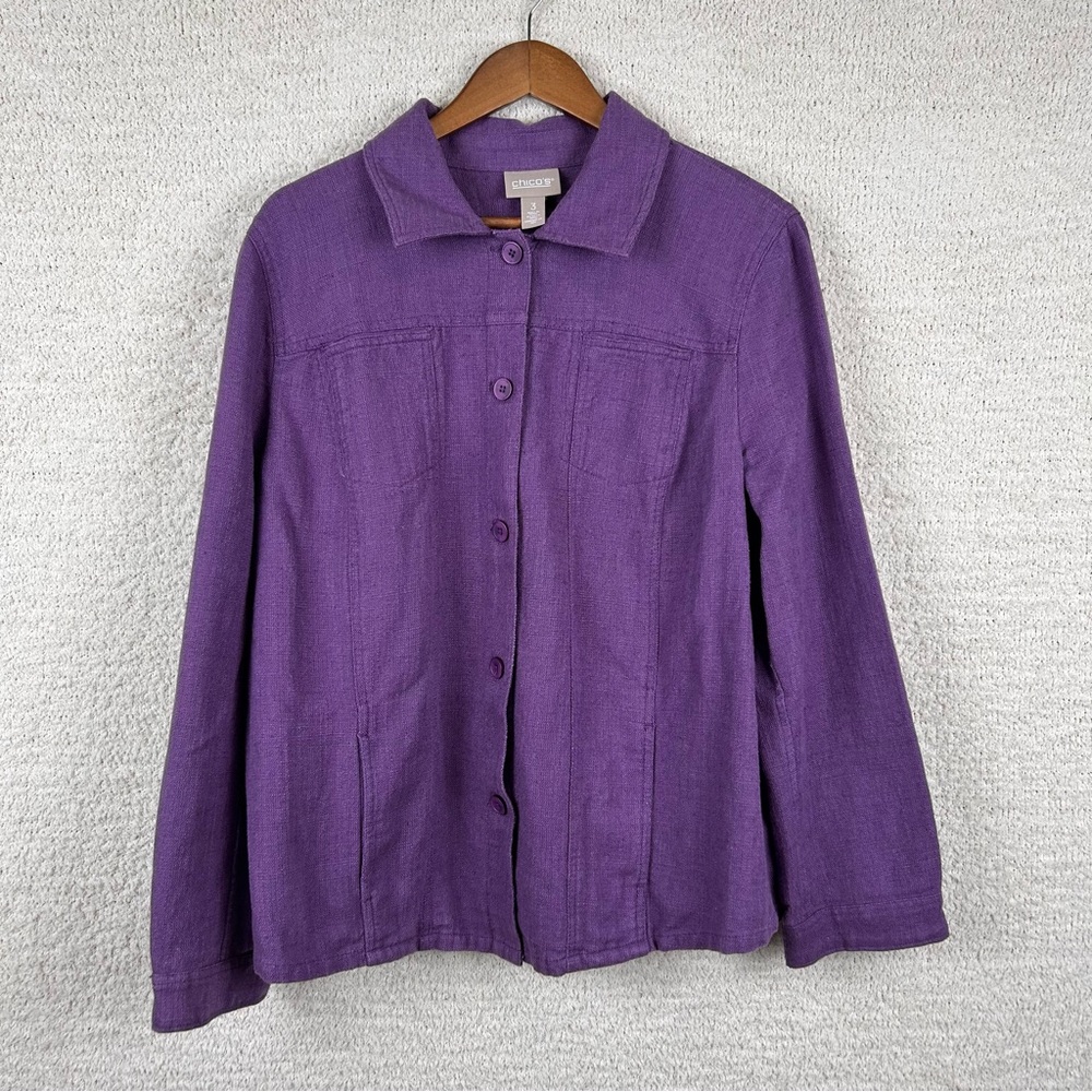 Chico's Jacket Womens 3/3X Purple Linen Cotton Blend Button Front Collared